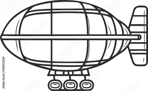 Outline drawing of a vintage airship or zeppelin showing its structure and wheels for aviation and transport