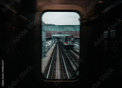 New York, USA: subway train window in motion