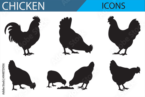 Pack of Chicken and Rooster Icons - Black Silhouettes for UI or Print