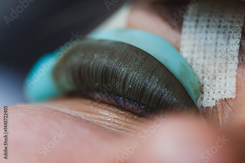 Obraz na płótnie Eyelash lamination close-up on a woman's face. Women's beauty procedures. w salonie