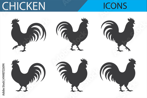 Set of Standing and Walking Chicken Icons in Black Silhouette