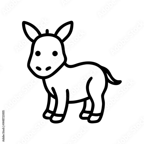 Cute donkey foal illustration, playful expression on white background, copy space