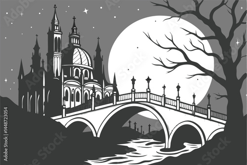 61 Dark fantasy cityscape, floating islands, ornate gothic architecture, crumbling stone bridge, giant full moon, misty atmosphere, starry night sky, dramatic lighting, black and white, highly detaile