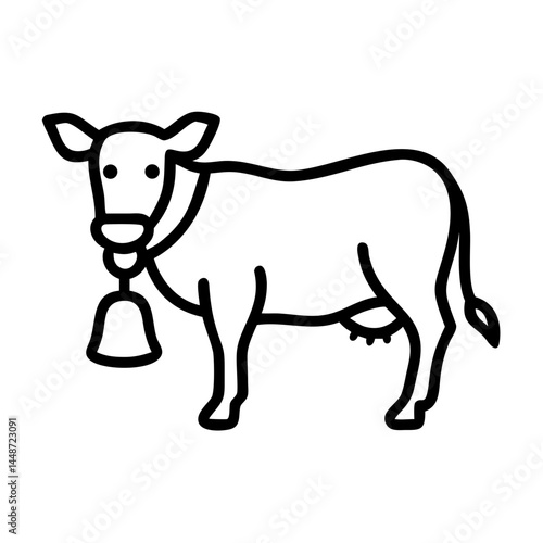 Cute cow with bell illustration, cheerful stance on white background, copy space