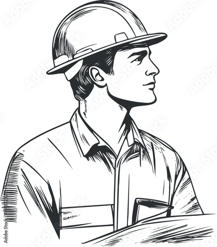 Black and white line art drawing of a male construction worker wearing a hardhat and work uniform in profile view.
