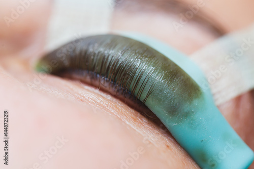 Obraz na płótnie Eyelash lamination close-up on a woman's face. Women's beauty procedures. w salonie