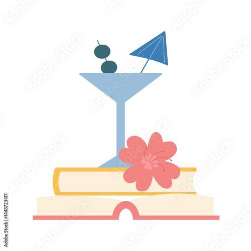 Cocktail with olive stand on books. Summer recreation in tropics concept composition on transparent background