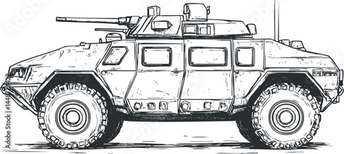 Black and white line drawing of a military armored vehicle with large wheels and mounted gun
