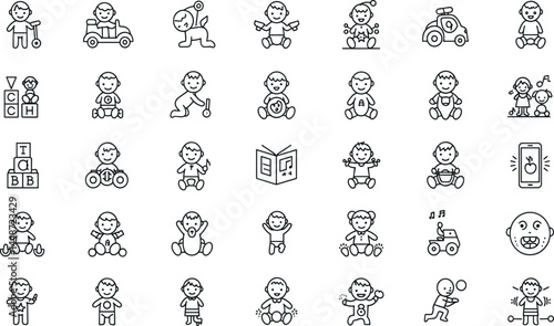 Baby Skills line icon set. Vector pictograms of toddler crawling, feeding, motor coordination, drinking, drawing, empathy, exploration, speech
