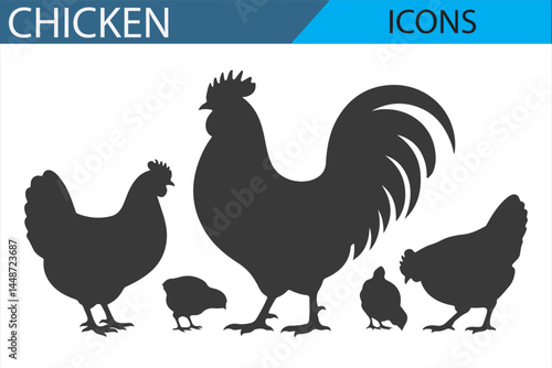 Silhouette Chicken and Hen Icons for Farm and Agriculture Design