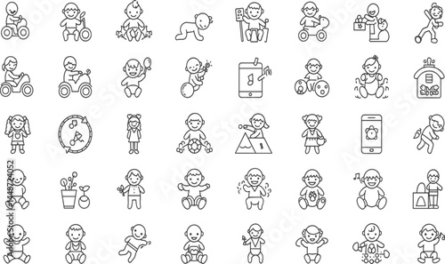 Baby Skills line icon set. Vector pictograms of toddler crawling, feeding, motor coordination, drinking, drawing, empathy, exploration, speech