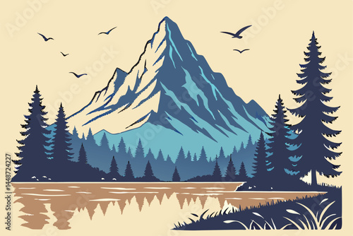 62 majestic mountain peak, vibrant blue glacier, dense pine forest, golden sunset, reflective lake, mirrored landscape, flying birds silhouettes, surreal double exposure effect, watercolor painting st