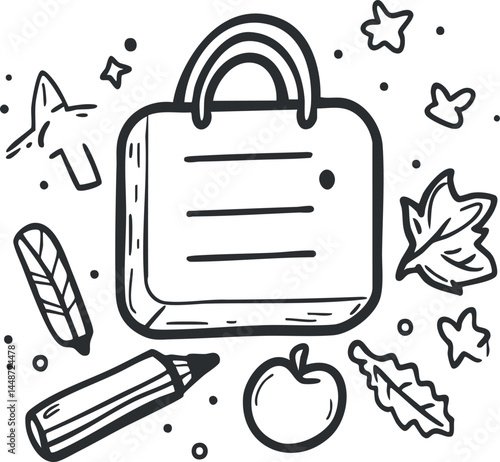 Black and white sketch of a bag surrounded by autumn leaves, an apple, and a pencil on a white background