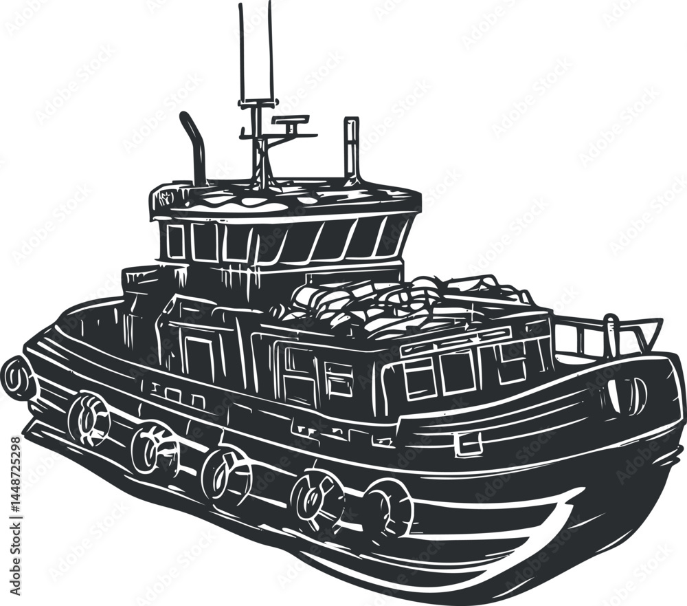 Black and white line art illustration of a tugboat with detailed deck and cabin features Black and white line art illustration of a tugboat with detailed deck and cabin features