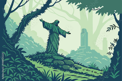63 Mystical forest guardian, ancient statue covered in vines, ethereal mist, lush green foliage, outstretched arms, dramatic pose, moss-covered stone figure, ethereal lighting, fantasy landscape, magi