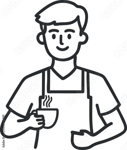 Line art illustration of a male barista holding a steaming cup of coffee wearing an apron