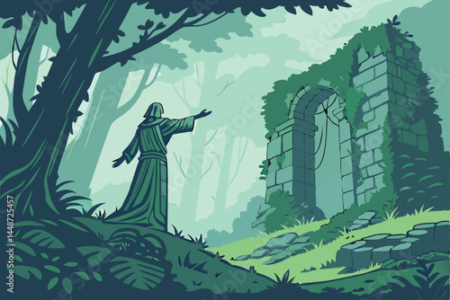 63 Mystical forest guardian, ancient statue covered in vines, ethereal mist, lush green foliage, outstretched arms, dramatic pose, moss-covered stone figure, ethereal lighting, fantasy landscape, magi