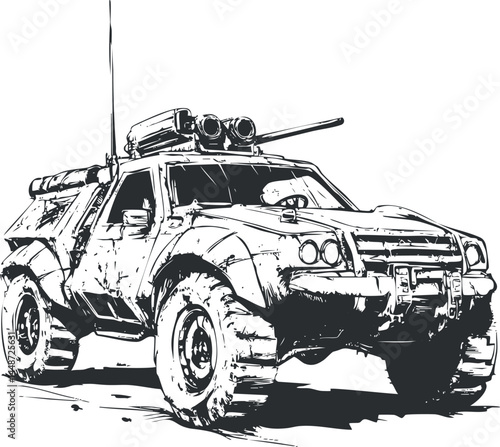 Black and white illustration of an armored military offroad vehicle equipped with heavy weaponry and rugged tires