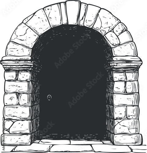 Black and white illustration of an old stone arch doorway with detailed masonry blocks and rounded top.