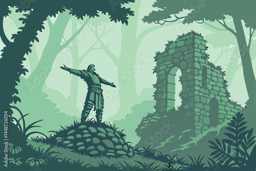 63 Mystical forest guardian, ancient statue covered in vines, ethereal mist, lush green foliage, outstretched arms, dramatic pose, moss-covered stone figure, ethereal lighting, fantasy landscape, magi