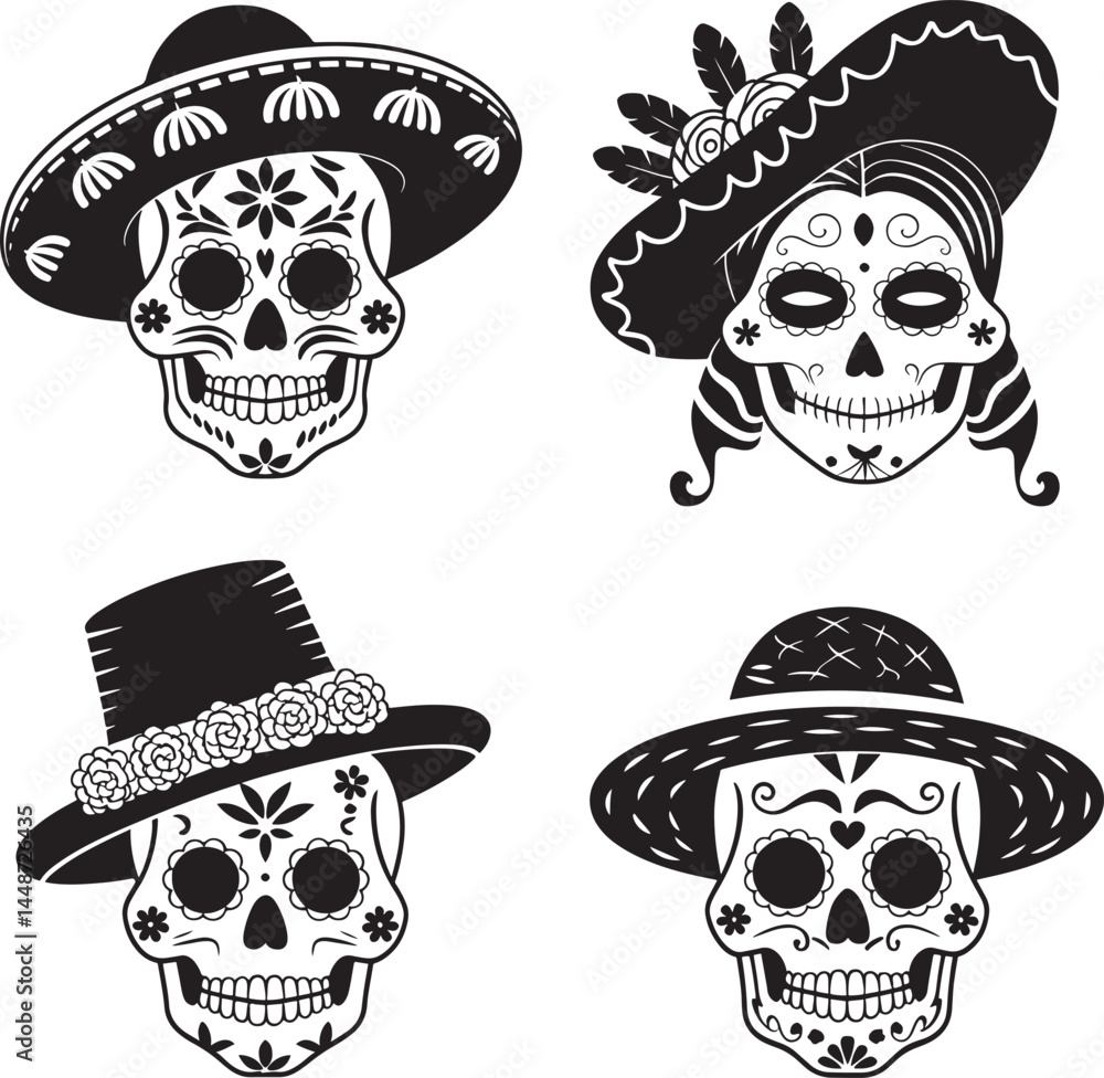 Fototapeta premium Sugar skull hat silhouette set vector illustration isolated On Transparent Background