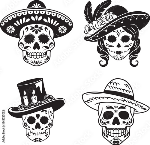 Sugar skull hat silhouette set vector illustration isolated On Transparent Background