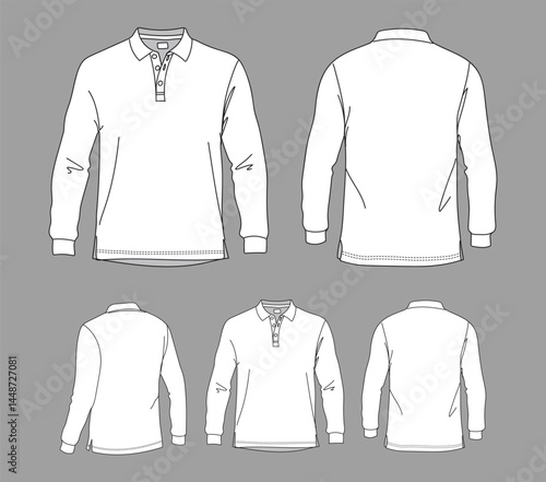Full Sleeve Polo T-shirt vector line drawing template set mock up isolated on white background. Flat technical drawing template. Unisex T-Shirt front, Side and back view. Full Sleeve Polo.
