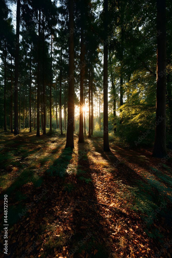 Fototapeta premium Sunlight streaming through tall trees in a serene forest, casting long shadows on the forest floor and creating a peaceful, natural atmosphere. 