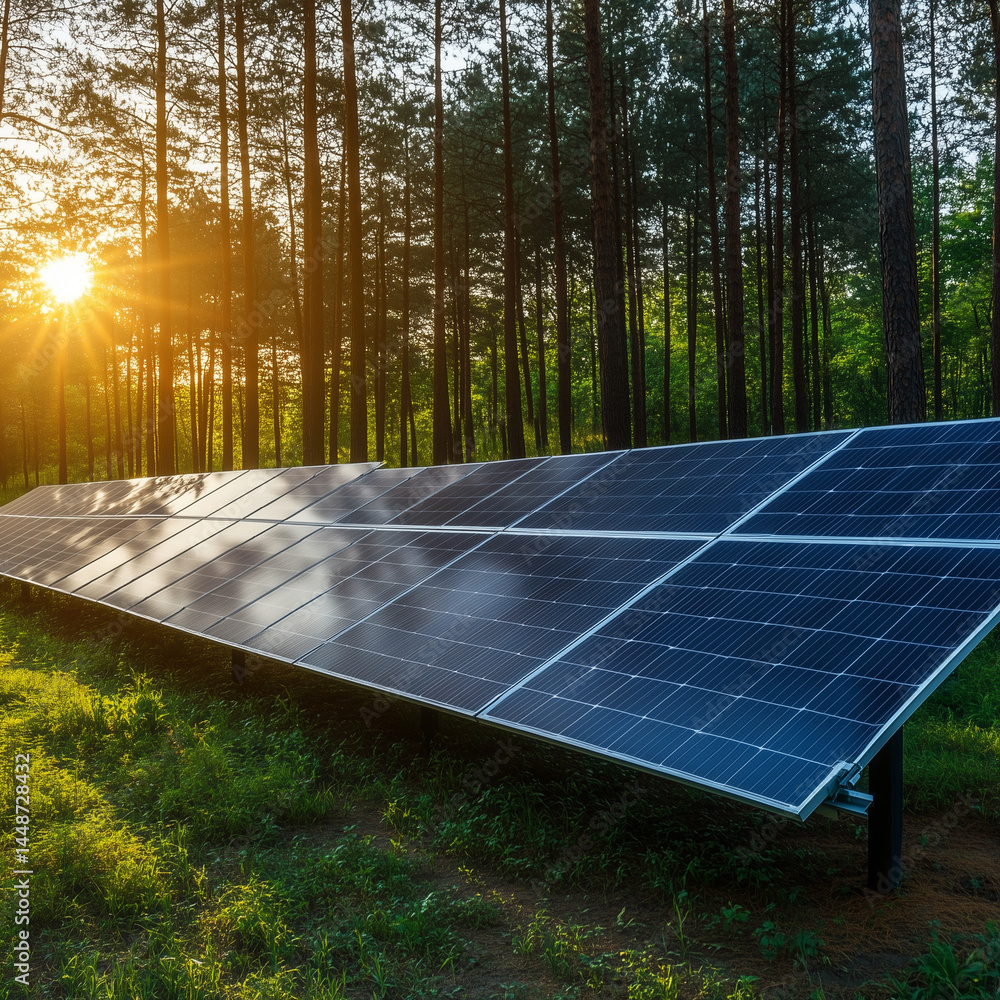 Painel solar instalado no meio da floresta representa o uso de energia limpa e sustentável. A imagem simboliza harmonia entre tecnologia e preservação ambiental, promovendo soluções ecológicas