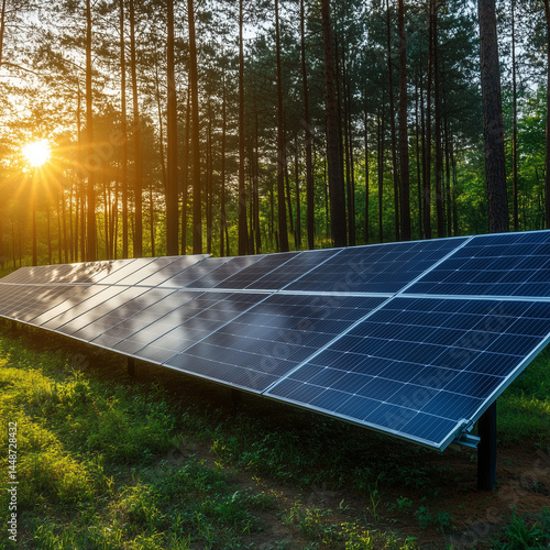 Obraz na płótnie Painel solar instalado no meio da floresta representa o uso de energia limpa e sustentável. A imagem simboliza harmonia entre tecnologia e preservação ambiental, promovendo soluções ecológicas w salonie