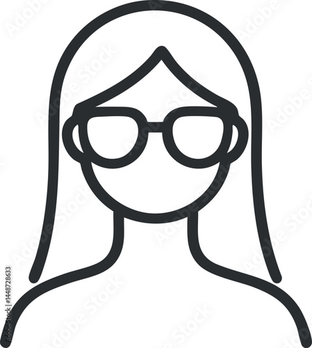 Simple black and white line art icon of a woman wearing glasses with long hair