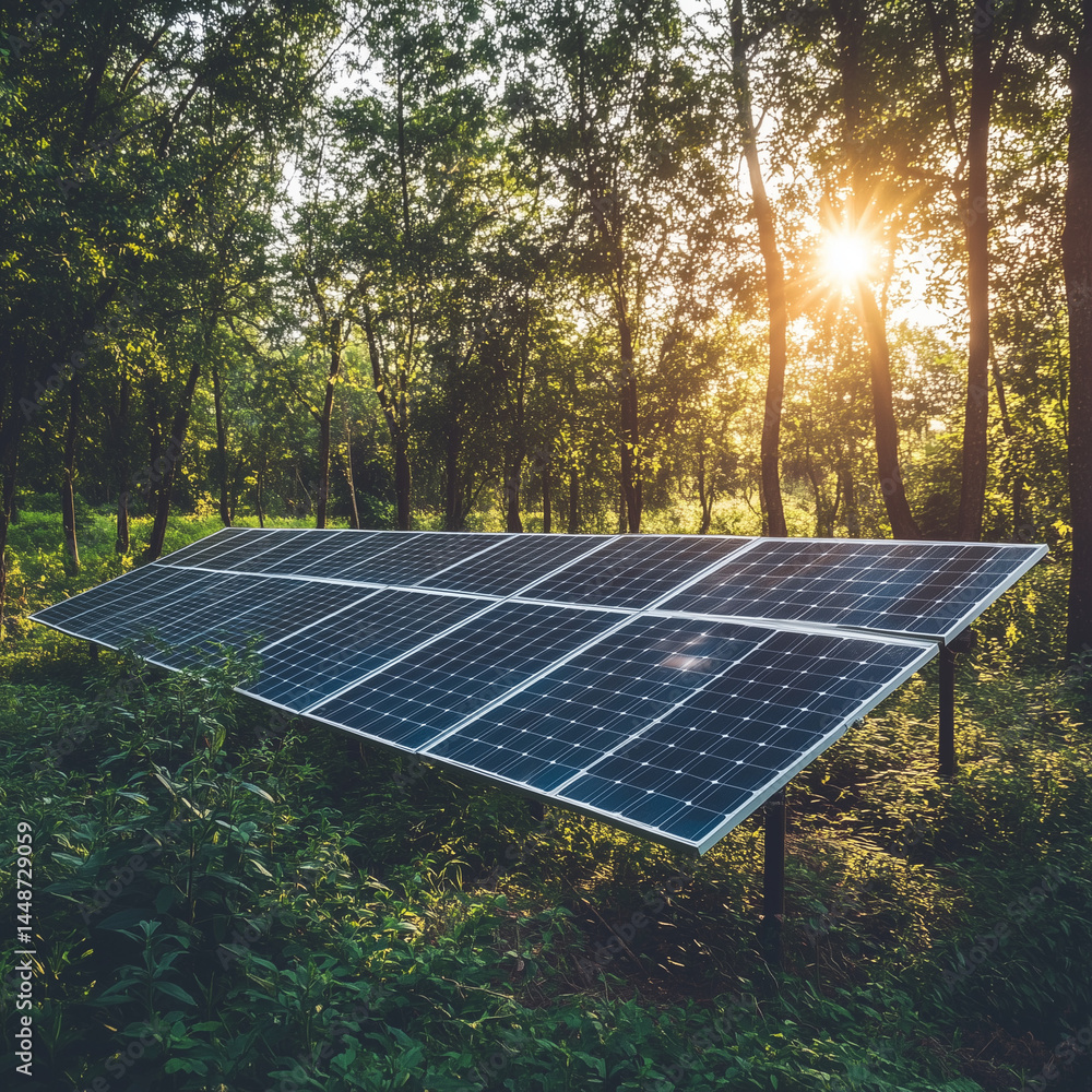 Painéis solares em uma floresta verde ilustram a transição para fontes de energia renováveis. Conceito de sustentabilidade e inovação tecnológica para um futuro mais ecológico