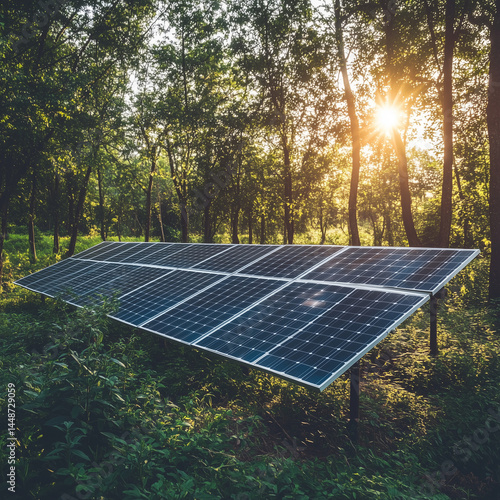 Obraz na płótnie Painéis solares em uma floresta verde ilustram a transição para fontes de energia renováveis. Conceito de sustentabilidade e inovação tecnológica para um futuro mais ecológico w salonie