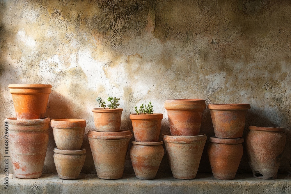 A collection of terracotta pots, some containing small plants, sits against a rustic textured wall. A collection of terracotta pots, some containing small plants, sits against a rustic textured wall.