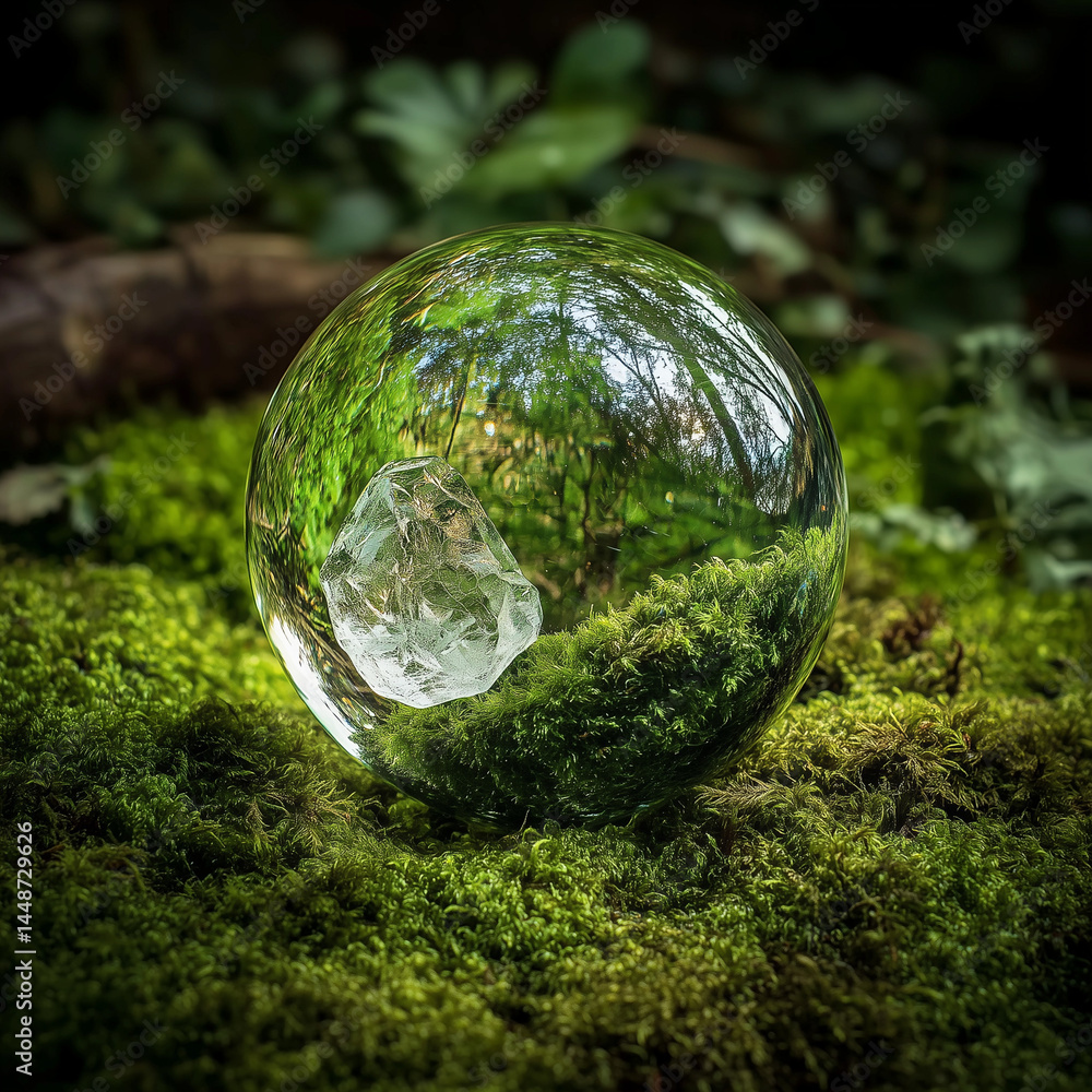 Globo de cristal repousa sobre musgo em floresta, simbolizando a proteção ambiental e o compromisso com a sustentabilidade. Conceito ecológico forte para Dia da Terra e ações