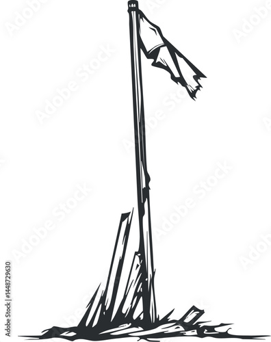 Black and white sketch of a tall flagpole with a tattered and torn flag waving in the wind
