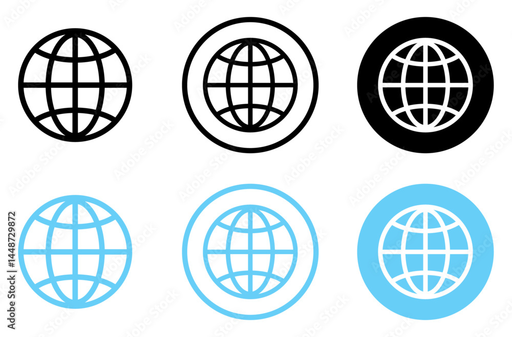 Set of globe vector icons. Globe world icons in black and blue color. Earth symbol collection with circular Internet and global network designs. Planet earth world map in different variations. Set of globe vector icons. Globe world icons in black and blue color. Earth symbol collection with circular Internet and global network designs. Planet earth world map in different variations.