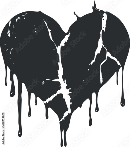 Black broken heart with dripping paint effect symbolizing emotional pain and sadness in abstract style