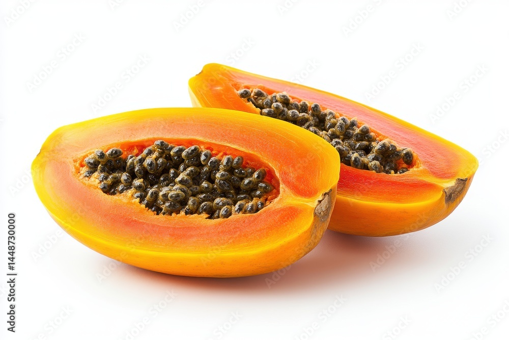 Halved Papaya with Black Seeds on White Background Halved Papaya with Black Seeds on White Background