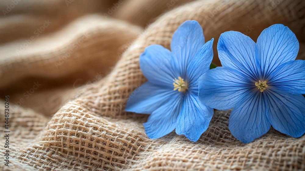 Blue flax flowers on burlap fabric, rustic background, nature detail, for textile design Blue flax flowers on burlap fabric, rustic background, nature detail, for textile design