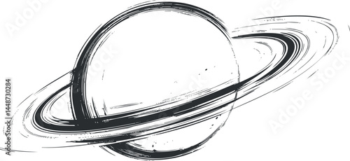 Black and white sketch illustration of a planet with rings resembling Saturn in space with orbital rings