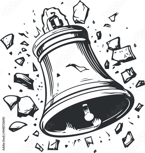 Illustration of a vintage bell breaking into shards with fragments flying around on white background