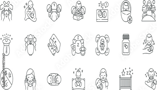 Baby sleep problems line icon set. Vector pictograms of infant awake, exhausted toddler, yawning, sleepless, tantrum, soothing, meltdown