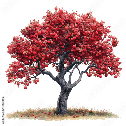 Cherry Tree With Ripe Fruit, vector watercolor illustration, isolated on a white background.