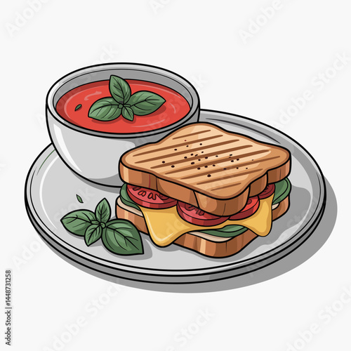 Grilled Cheese Sandwich with Tomato Soup Illustration