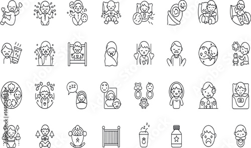 Baby sleep problems line icon set. Vector pictograms of infant awake, exhausted toddler, yawning, sleepless, tantrum, soothing, meltdown