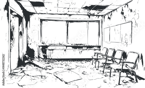 Abandoned and dilapidated interior room with broken ceiling, peeling walls, and empty chairs