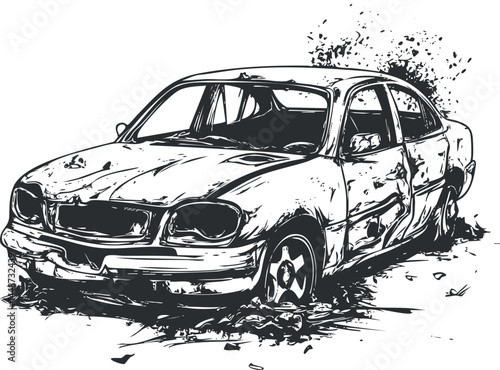 Black and white illustration of an old wrecked car with visible damage and dents abandoned on ground