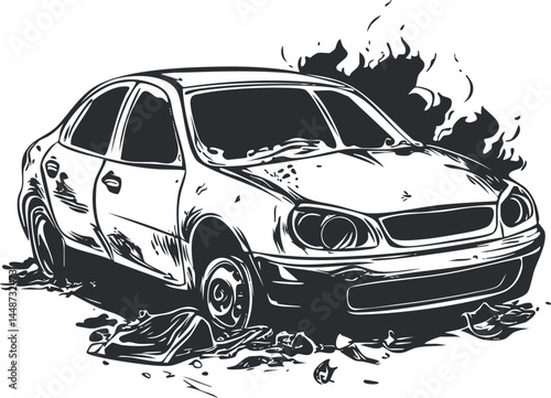 Black and white illustration of a damaged car with fire and smoke, showing a wrecked vehicle after an accident.