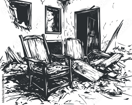 Black and white illustration of two old wooden chairs in a ruined, abandoned room with debris and broken furniture.